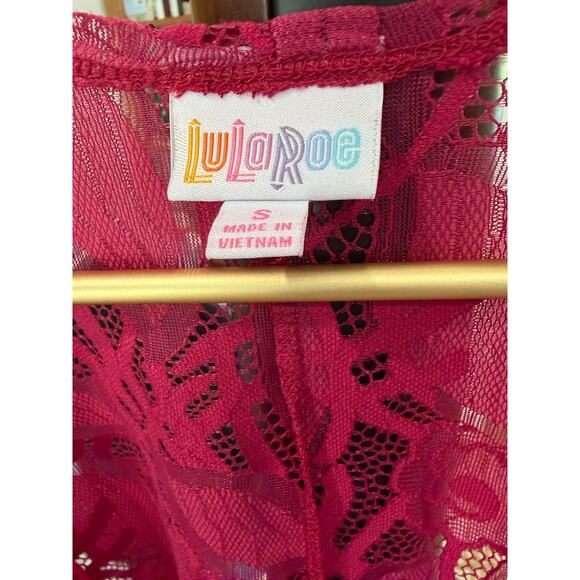 LuLaRoe Pink Lace Open Front Top Elbow Sleeve High Low Hem Oversized Size S EUC - Picture 4 of 6